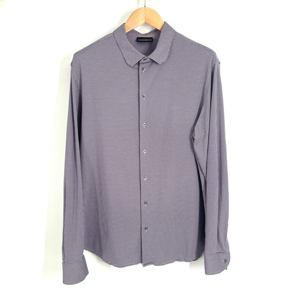 Emporio Armani Mens XXL Purple White Micro Houndstooth Button Up LS Shirt